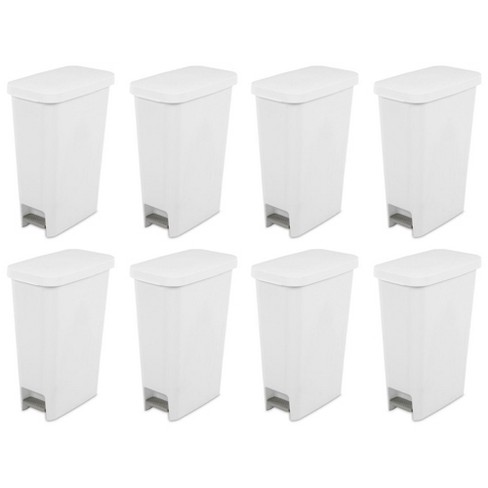 Sterilite 11 Gallon Slim Narrow StepOn Hands Free Portable Kitchen  Wastebasket Trash Can Garbage Bin Container with Oversized Lid, White (8  Pack)