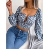 Coolmee Women's Boho Floral Tops Ruched Bust Tie Front Crop Puff Sleeve Blouses - 2 of 4