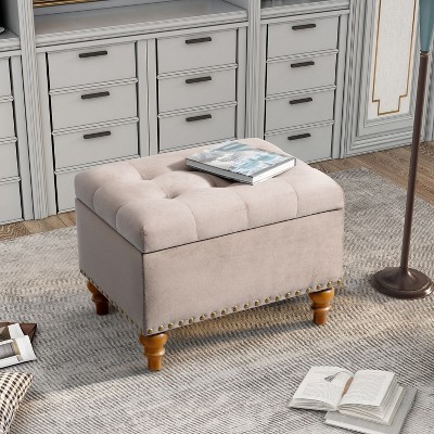 CAVINAS Modern Pull-Open Top Square Ottoman Bench with Storage,Velvet Button Tufted Ottoman for Living Room,Bedroom