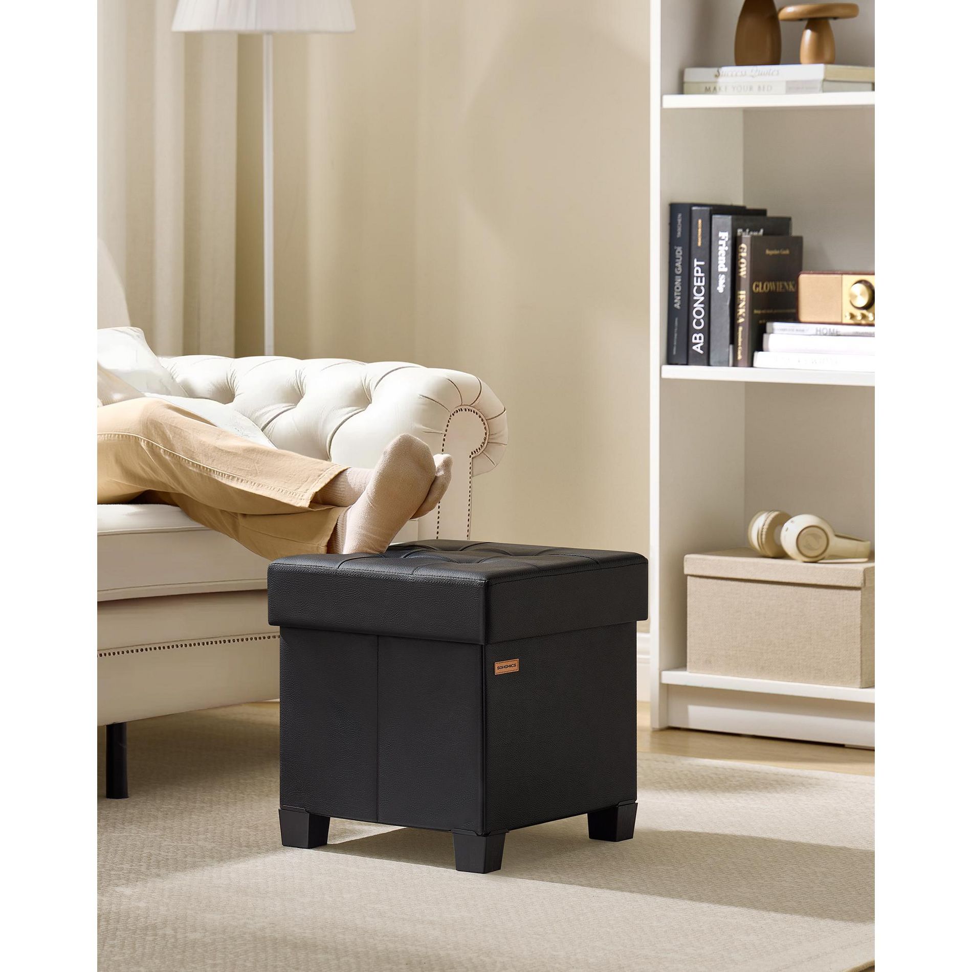 15.7" Cube Storage Ottoman with Legs. 10 Gal (37 L) Capacity. Synthetic Leather Footstool Footrest Ink Black