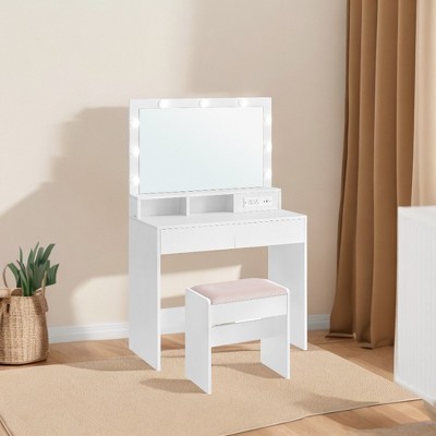 Modern Makeup Vanity Desk with Mirror, Lights, and Power Outlets: Stylish Storage Solution for Bedroom Beauty Routines