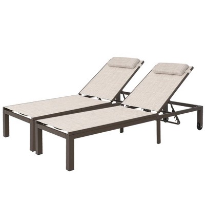 2pc Outdoor Adjustable Quilted Chaise Lounge Chairs with Wheels - Beige - Crestlive Products