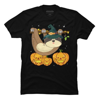 Men's Design By Humans Funny Witch Sloth With Jack O Lantern Halloween T-Shirt By thebeardstudio T-Shirt
