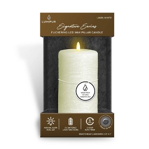 LumiPur 3.5"x7" Signature Natural Glow Flickering Flameless LED Wax Pillar Candle Linen White - 1 of 4