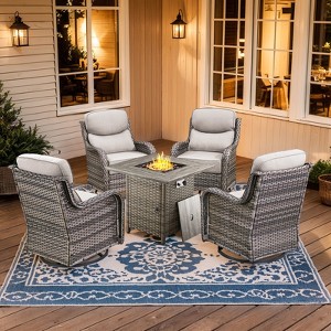Buenhomino 7 Pieces Outdoor Patio Furniture Set with 30" Square Fire Pit Table, Rattan Wicker Swivel Rocker Chairs Sets - 1 of 4