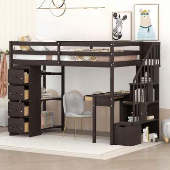 Twin Size Wooden Loft Bed With Storage Drawers, Desk And Shelves - ModernLuxe