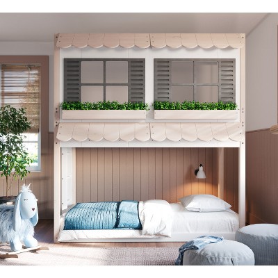 Child Craft Garden Cottage Twin Over Twin Bunk Bed House, Low Wooden Montessori Bunk Bed, Easy Access Ladder to Top Bunk