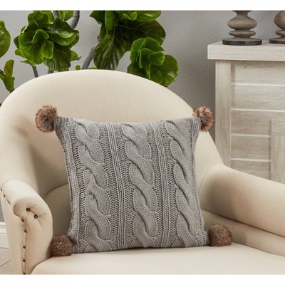 Gray Cable Knit Square Throw Pillow with Pom-Poms