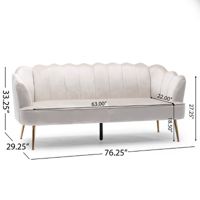 Beige Velvet Channel Stitch 3-Seater Shell Sofa with Gold Legs