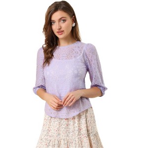 Allegra K Women's Vintage Round Neck Elbow Sleeve Semi Sheer Lace Blouse - 1 of 4