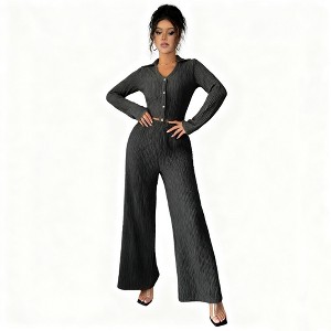 Women's Ribbed Knit Two Piece Set Buttoned Collared Shirt and Wide Leg Pants Outfit - 1 of 4