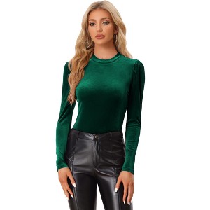 INSPIRE CHIC Women's Metallic Velvet Puff Long Sleeve Mock Neck Glitter T-shirt - 1 of 4