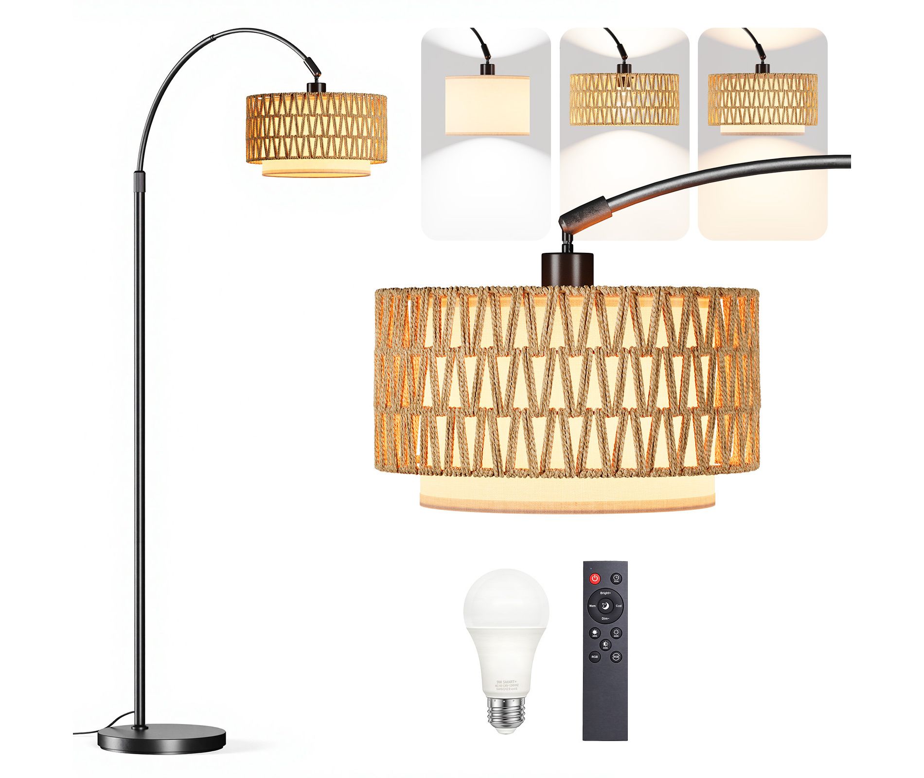 Floor Lamp for Living Room Adjustable with Rattan Shade, Remote Control & Foot Switch, 3000K–6000K