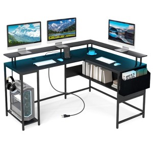Tangkula L-Shaped Gaming Desk w/ LED Lights & Power Outlets Monitor Stand Fabric Bag - 1 of 4