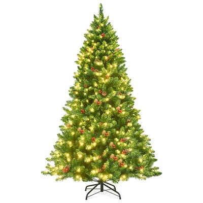 Costway 6.5Ft Pre-lit Hinged Christmas Tree w/ Pine Cones Red Berries and 450 LED Lights