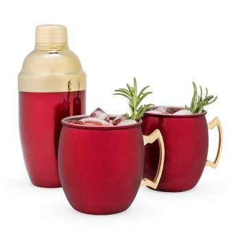 Twine Red Moscow Mule Mug and Cocktail Shaker Gift Set, Holiday Barware Gifts, Cobbler Shaker, Mule Mugs, Red, Gold, Set of 3