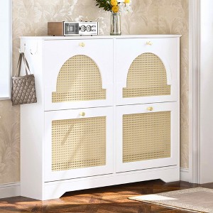 MAYEERTY Mid-Century Narrow Tipping Bucket Shoe Cabinet, 4 Flip Drawers 4 Rattan Doors 2 Silvery Hooks 42.1"W, White - 1 of 4