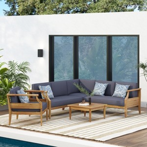 Christopher Knight Home Aston Acacia Wood Outdoor 5 Seater Sectional Chat Set with Club Chair, Teak and Dark Gray - 1 of 4