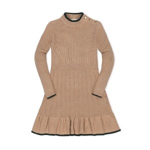Hope & Henry Girls' Organic Long Sleeve Mock Neck Flounce Sweater Dress, Camel Heather Texture, 12-18 Months - 1 of 4