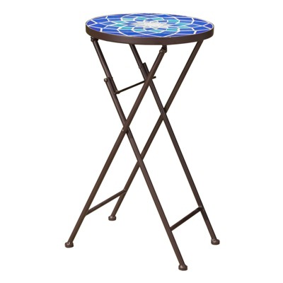 VisioGear Outdoor Folding Accent Table with Glass Top for Backyard, White and Blue, 13"*13"*22"