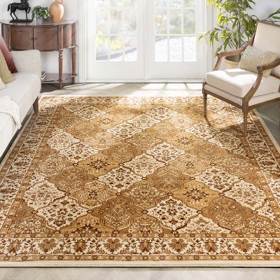 Ivory and Brown Synthetic Oriental Rectangular Area Rug 8' x 10'