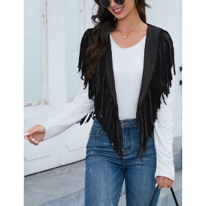 Coolmee Women's Casual Tassel Shawl Waistcoats Solid Sleeveless Fringe Shawl Open Front Cropped Boho Western Shawl Cardigan L Black - 1 of 4