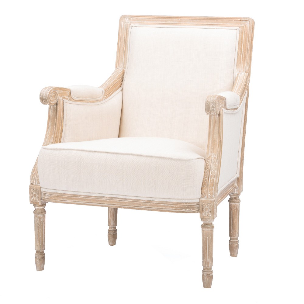 Chavanon Wood & Linen Traditional French Accent Chair Light Beige - Baxton Studio: No Assembly, Mindi Frame, Foam Cushion