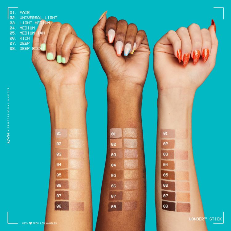 Three arms displaying swatches of foundation shades labeled 01 to 08 against a turquoise background, with text listing shades from fair to deep rich.
