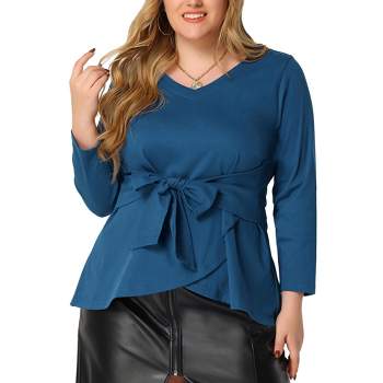 Agnes Orinda Women's Plus Size Work Long Sleeves Fashion Belted Knot Tie Knit Blouses