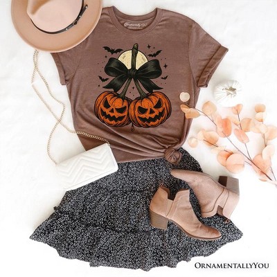 Pumpkin Cherries Coquette Bow T-Shirt, Retro Halloween Fall Season Tee for Sweet Autumn Girls| OrnamentallyYou