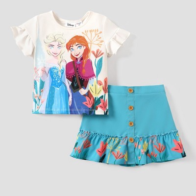 Disney Frozen Elsa Anna Toddler Girl Character Print Tee and Skirt Set