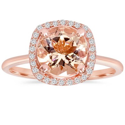 Pompeii3 1 3/4 CT Morganite & Diamond Cushion Halo 14K Rose Gold Ring - Size 8.5