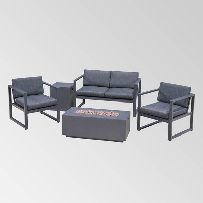 Camiguin 5pc Aluminum Chat Set with Lightweight Concrete Fire Pit - Silver/Dark Gray/Dark Gray - Christopher Knight Home