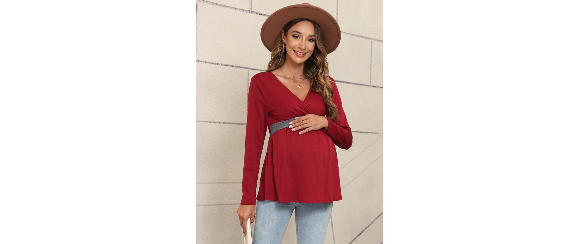 Women¡¯s Maternity Shirts Long Sleeve Nursing Tops V Neck Patchwork Breastfeeding Shirts Pregnancy Clothes Burgundy Medium