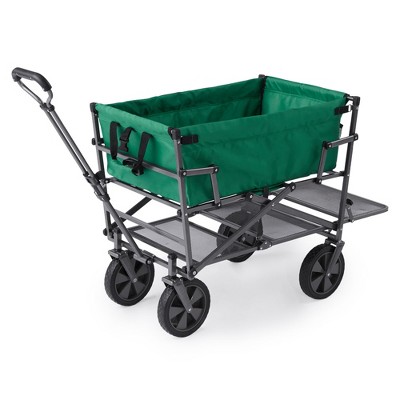 Mac Sports Double Decker Heavy Duty Steel Frame Collapsible Outdoor 150 Pound Capacity Yard Cart Utility Garden Wagon with Lower Storage Shelf, Green