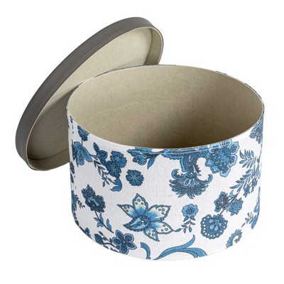 Cream and Blue Floral Nestable Hat Boxes with Faux Leather Lids, Set of 3