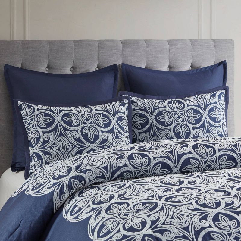 Madison Park 7pc Gianni Flocking Comforter Bedding Set with Euro Shams and Throw Pillows Navy Blue, 5 of 12
