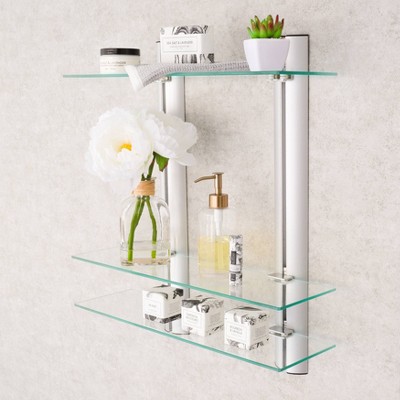 Black Glass and Wood Floating Wall Shelf Unit