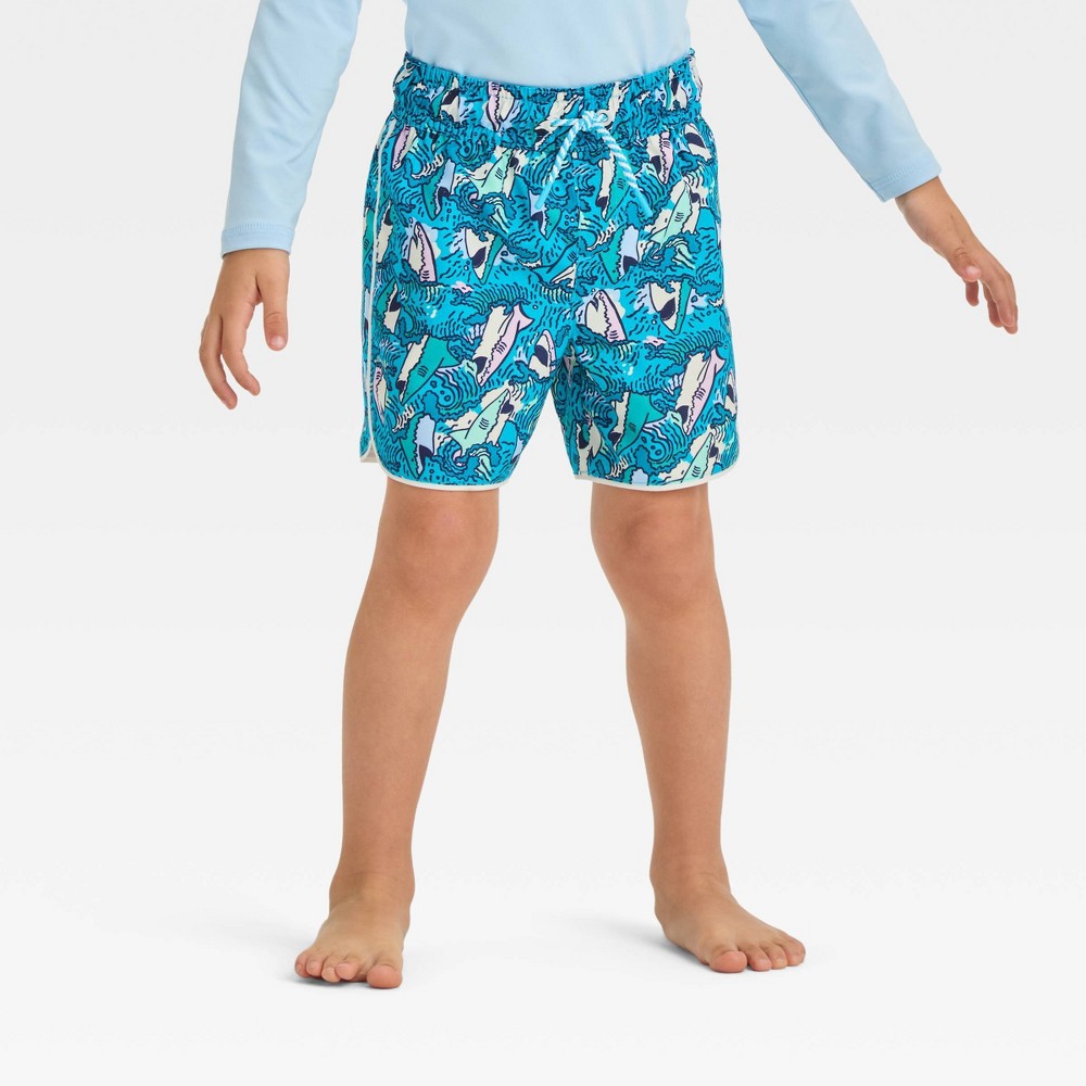 Photos - Swimwear Toddler Boys' Dolphin Hem Swim Shorts - Cat & Jack™ Blue 4T: Shark Print,