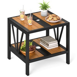 Tangkula Outdoor Side Table 2-Tier Coffee End Table w/ 1.57" Umbrella Hole Storage Shelf - 1 of 4