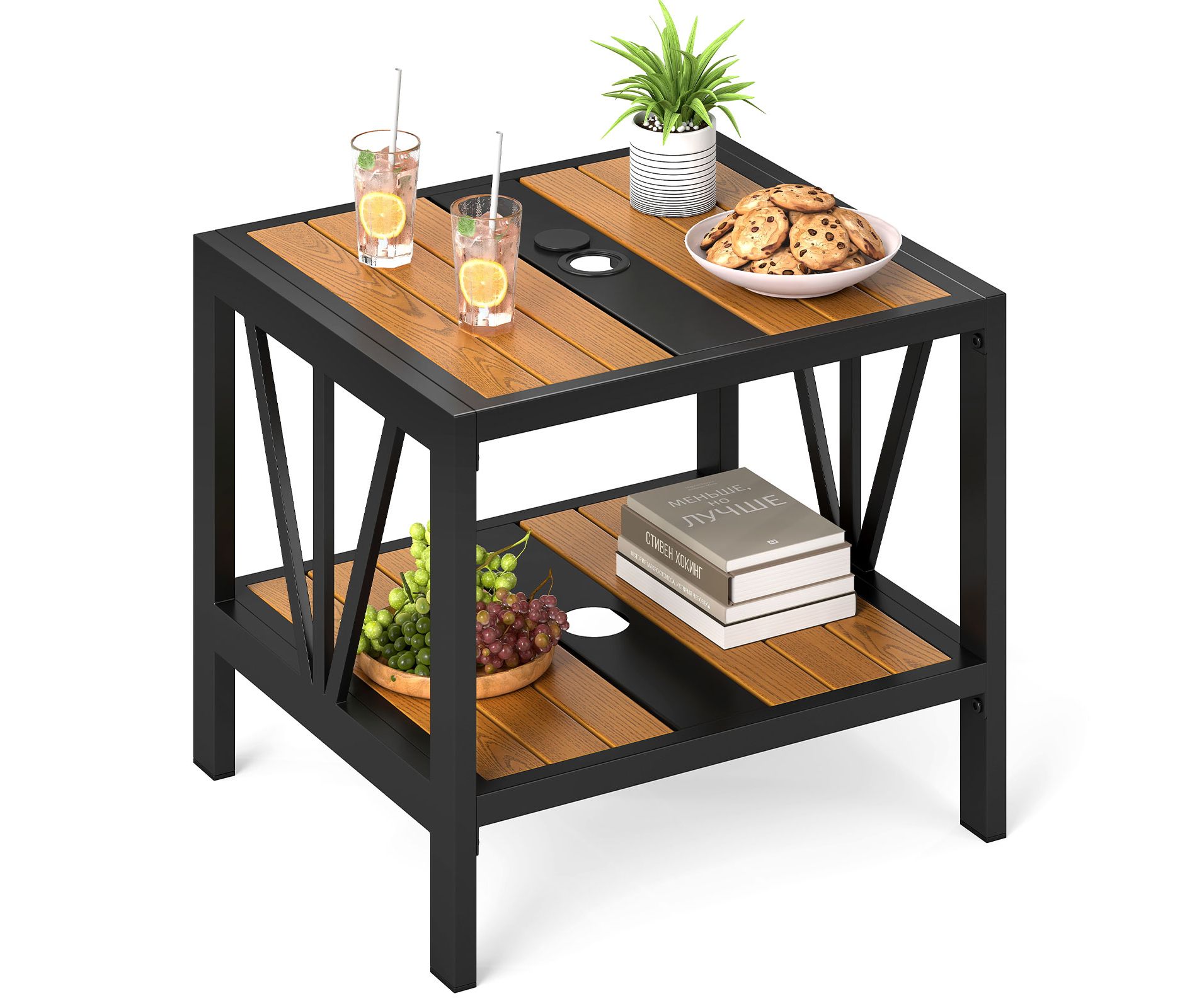 Tangkula Outdoor Side Table 2-Tier Coffee End Table w/ 1.57" Umbrella Hole Storage Shelf