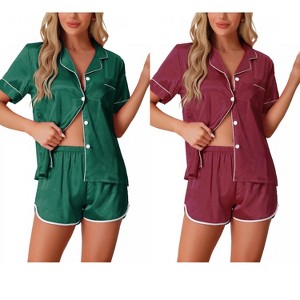 INSPIRE CHIC Women's 2 Pcs Satin Pajamas Silky Short Sleeve Button Down Pajama Sets - 1 of 4