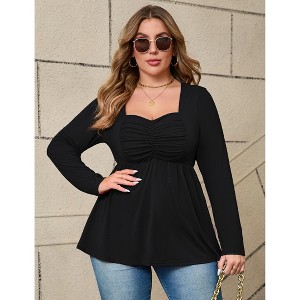 Plus Size Women's Square Neck Smocked Bust Blouse Flowy Babydoll Hem Long Sleeve Top - 1 of 4