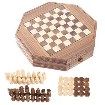 Toy Time Octagonal Chess and Checkers Set - Wooden Chessboard with 2 Storage Drawers and Carved Staunton Pieces