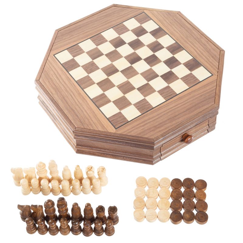 Toy Time Octagonal Chess and Checkers Set - Wooden Chessboard with 2 Storage Drawers and Carved Staunton Pieces, 1 of 5