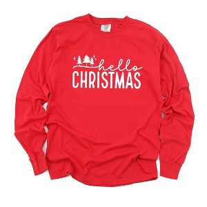 Simply Sage Market Women's Hello Christmas Trees Long Sleeve Garment Dyed Tee - 1 of 4
