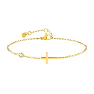 Gold-Tone Cross Bracelet with Cubic Zirconia, Religious Symbol Jewelry for Women, Daily & Spiritual Occasions - 1 of 4
