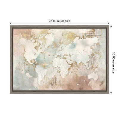 Blushing World Map Framed Canvas Print in Beige and Pink