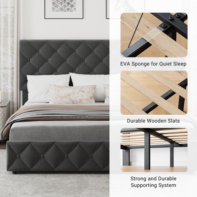 Upholstered Queen Platform Bed Frame with 4 Storage Drawers, PU Leather with Button Tufted, Wooden Slats Support, No Box Spring Needed, Noise-Free