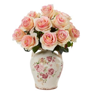 Nearly Natural Rose Artificial Arrangement in Flower Print Jar, Light Pink - 1 of 4